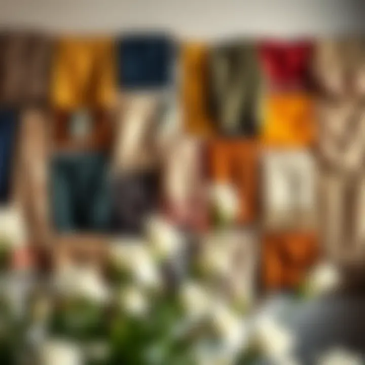 A collection of vintage fabrics displayed artistically on a gallery wall.