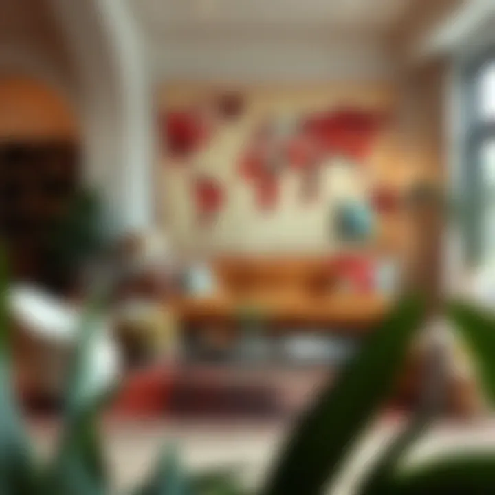 An inviting living space featuring vintage textile wall art as a focal point.