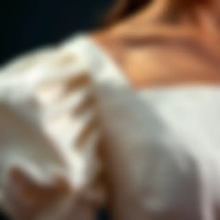 Close-up of intricate fabric details on a square neck puff sleeve wedding dress