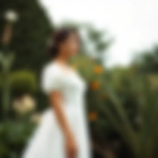 Elegance in Nature: Square Neck Puff Sleeve Dress Elegant square neck puff sleeve wedding dress on a model in a garden setting