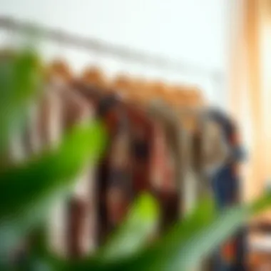 A serene setting displaying sustainably sourced paisley print shirts hanging on a clothing rack