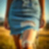 A close-up of a ripped jean skirt highlighting the distressing details