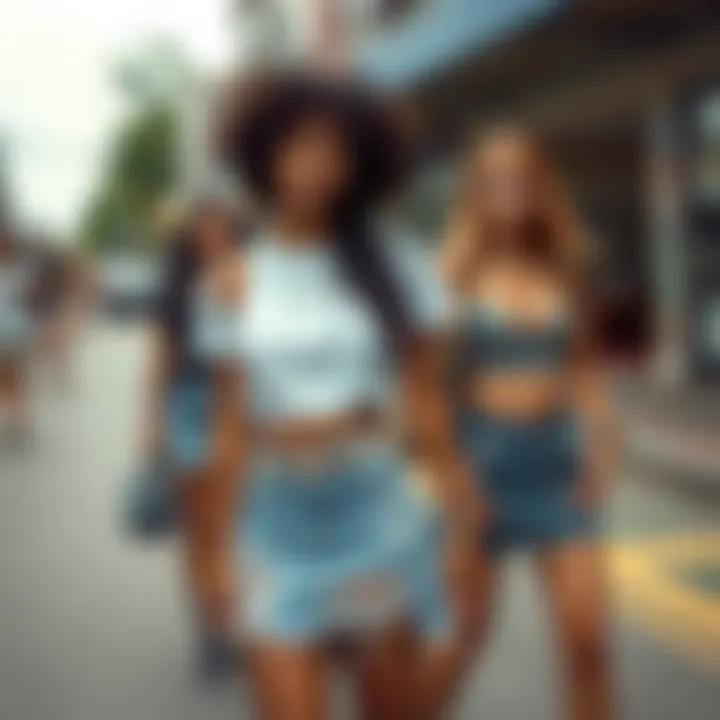 A trendy street scene featuring individuals wearing ripped jean skirts, capturing cultural expression