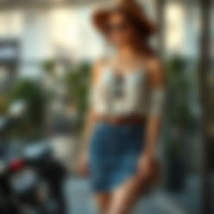 A model showcasing a stylish outfit featuring a ripped jean skirt paired with chic accessories