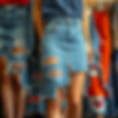 An array of ripped jean skirts in various lengths and washes displayed creatively