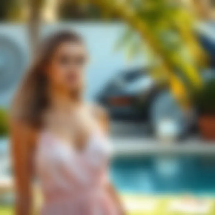 Elegant Outdoor Styling with Ruched Dress A serene outdoor scene featuring a model wearing a ruched spaghetti strap dress