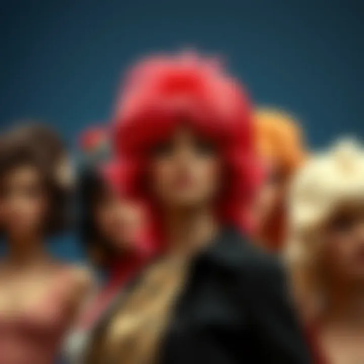 Diverse Styles of Seventies Wigs A vibrant display of various 1970s wigs showcasing different styles.