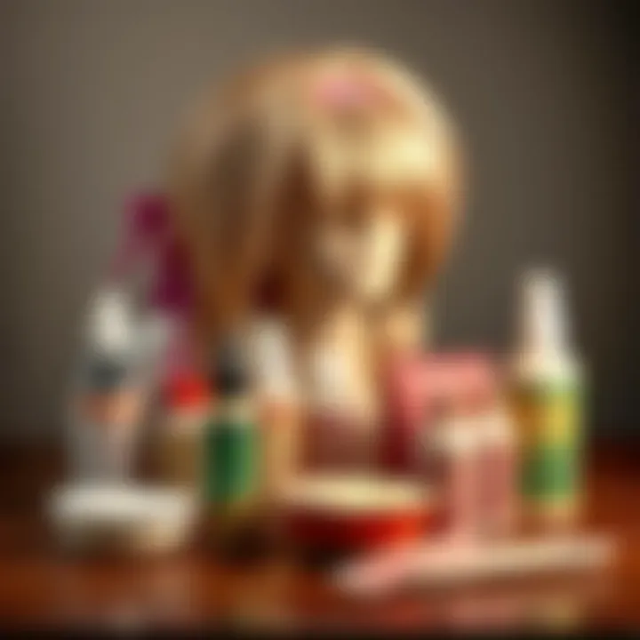 Wig Care Essentials for 70s Styles Essential care products for maintaining 70s wigs arranged aesthetically.