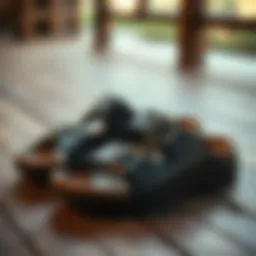 Stylish double buckle sandals on a wooden surface