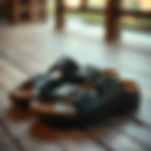 Stylish double buckle sandals on a wooden surface