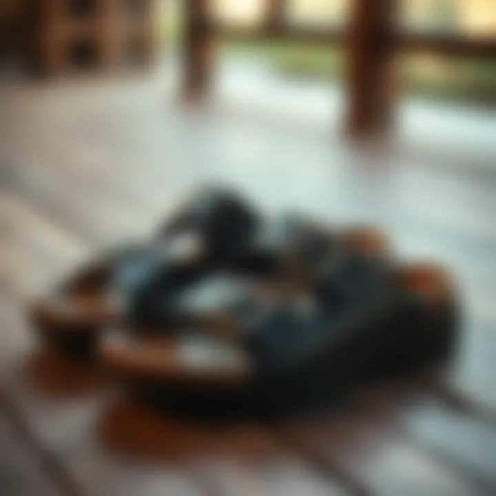 Stylish double buckle sandals on a wooden surface