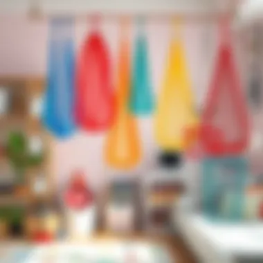 Vibrant Hanging Mesh Organizers in Kids' Room Colorful hanging mesh organizers in a child's room