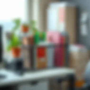 Functional Office Hanging Mesh Organizer Hanging mesh organizer used in an office setting for supplies