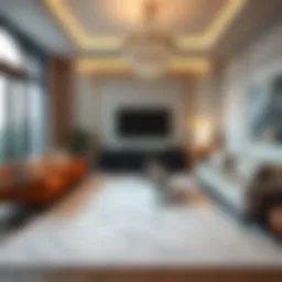Luxurious living room featuring a marble pattern area rug