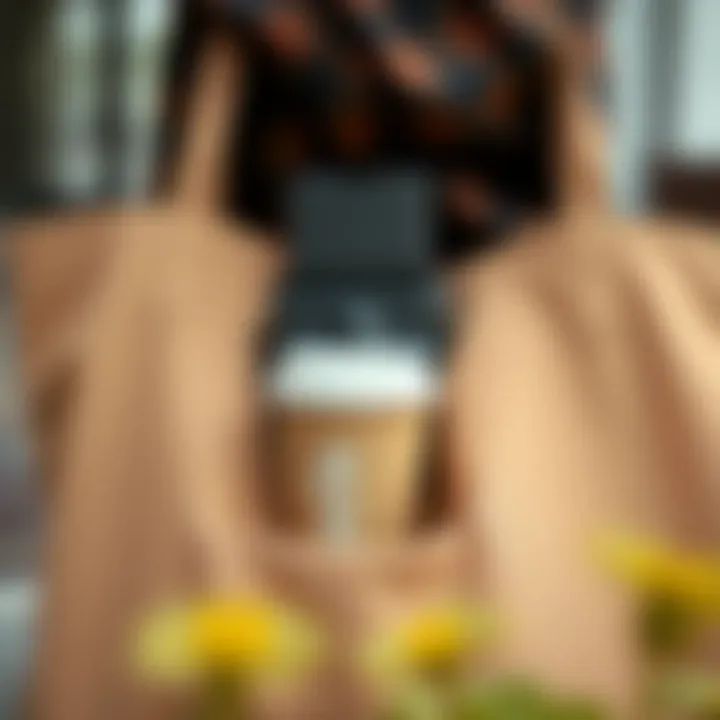 Close-up of a tote bag's coffee cup holder accommodating a reusable cup