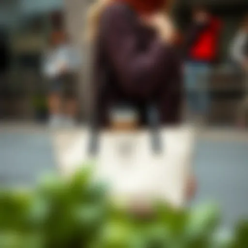 Elegant tote bag with integrated coffee cup holder showcased in an urban setting