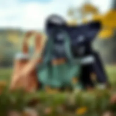 Group of tote bags with coffee cup holders displayed outdoors