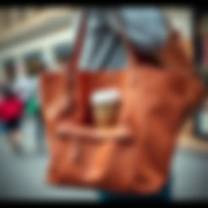 Stylish tote bag displaying multiple compartments including a coffee cup holder