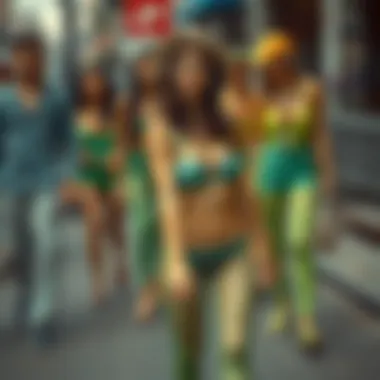 A vibrant street scene illustrating diverse individuals wearing green fishnet tights.