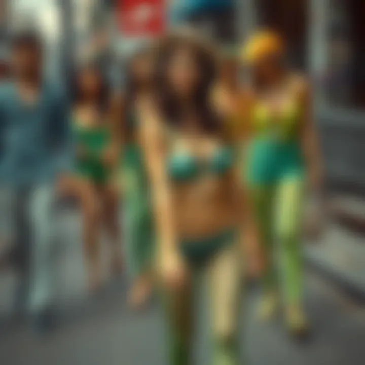 A vibrant street scene illustrating diverse individuals wearing green fishnet tights.