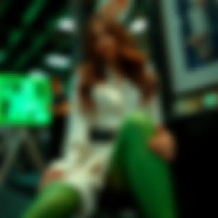 A stylish ensemble featuring green fishnet tights paired with elegant attire.