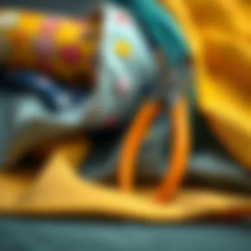 A close-up view of a thread ripper against a backdrop of colorful fabrics.