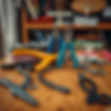 An array of various types of thread rippers displayed on a wooden table.