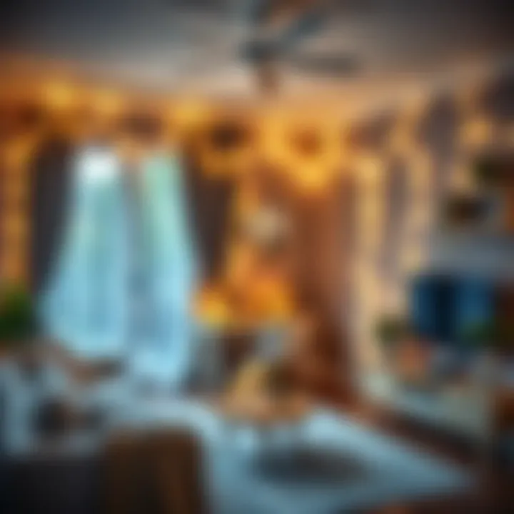 Cozy living room featuring window curtain string lights