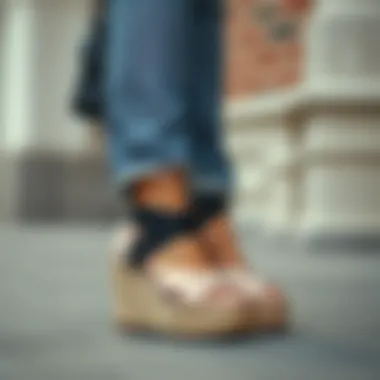 A fashionable outfit paired with wrap around espadrille wedges