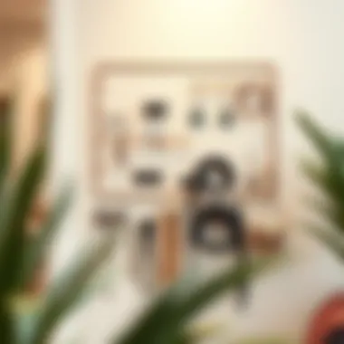 Minimalist metal wall rack displaying hair accessories in a modern setting.