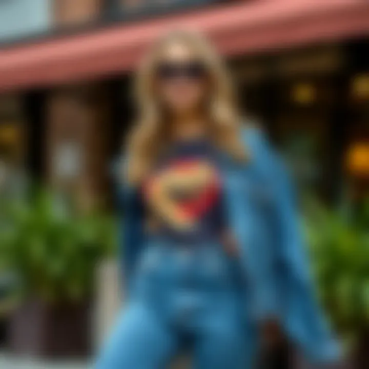 Casual high-waisted denim paired with a graphic tee