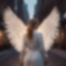 A model showcasing luminous angel wings in a vibrant urban setting, highlighting the fusion of fashion and spirituality.