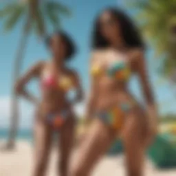 Vibrant collection of Jamaican two-piece bathing suits displayed on the beach