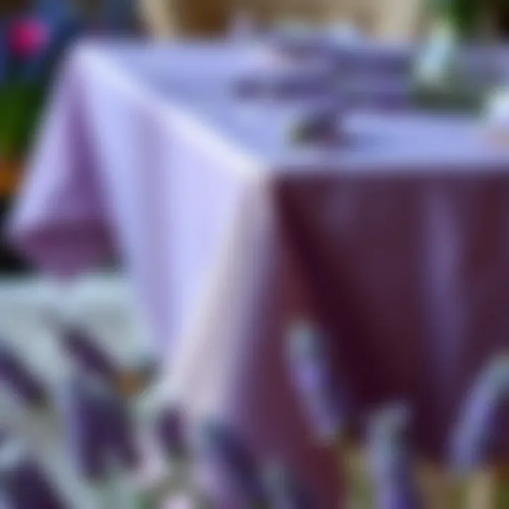 Close-up of a lavender tablecloth with delicate floral arrangements