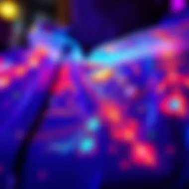 Clothing Glowing with Luminous Pigments Close-up of clothing embellished with luminous pigments under ultraviolet light