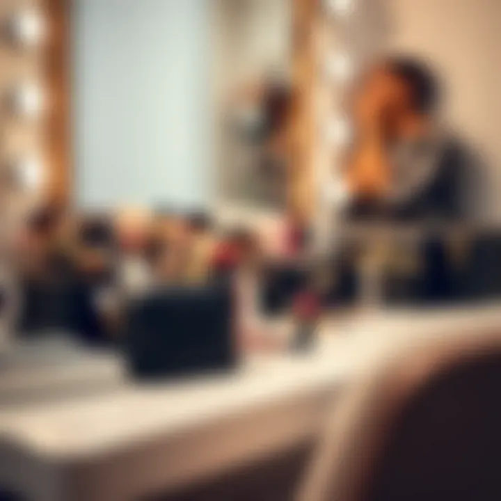 Well-Organized Vanity with Makeup Storage An organized vanity with neatly arranged makeup tools and bags