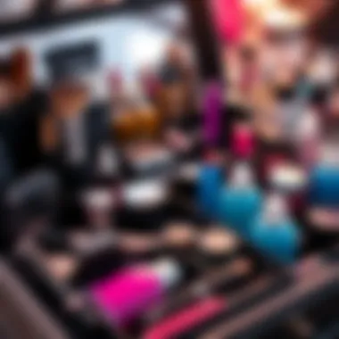 A detailed view of a makeup case with organized tools and products.