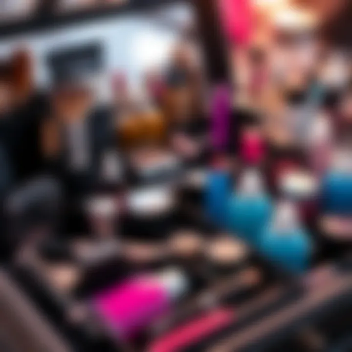 A detailed view of a makeup case with organized tools and products.