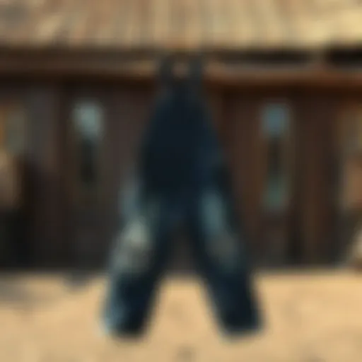 A pair of distressed overalls displayed against a rustic backdrop
