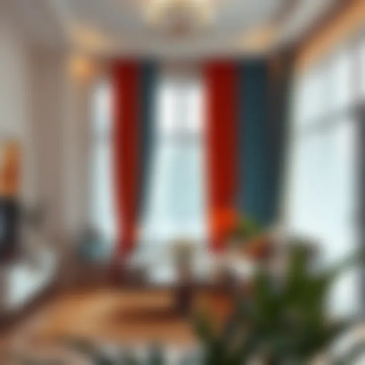 A living room with complementary decor and multicolor curtains