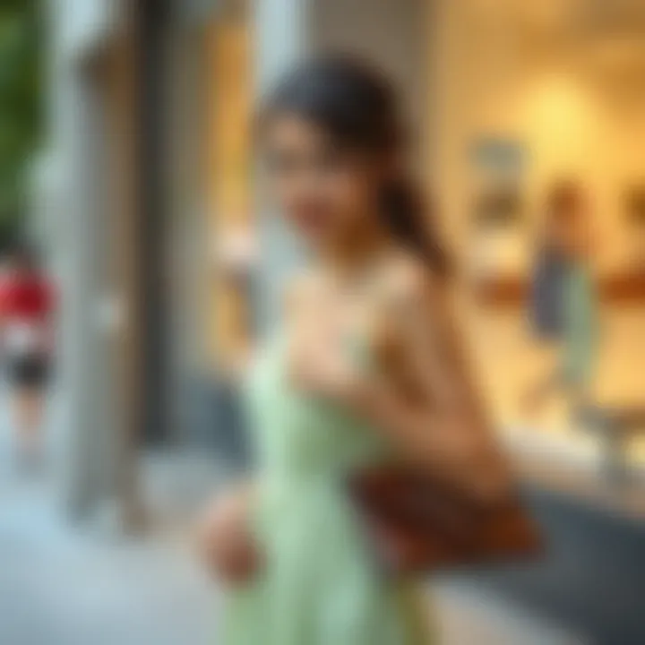 A stylish teenager accessorizing a long dress with jewelry and a clutch