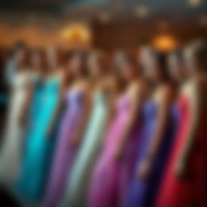 A group of teenagers in long dresses at a formal event