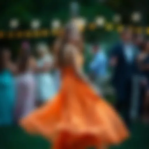A vibrant teenage girl wearing a flowing long dress at a garden party