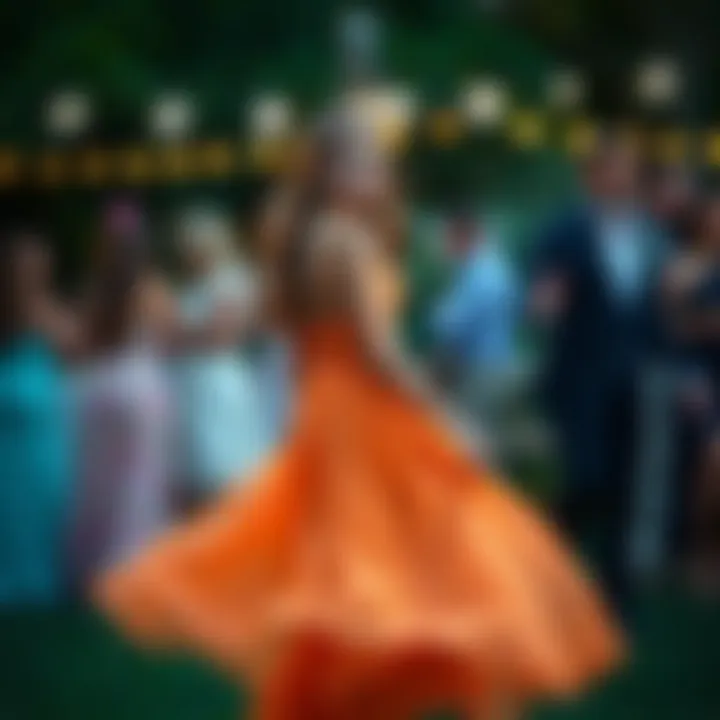 A vibrant teenage girl wearing a flowing long dress at a garden party