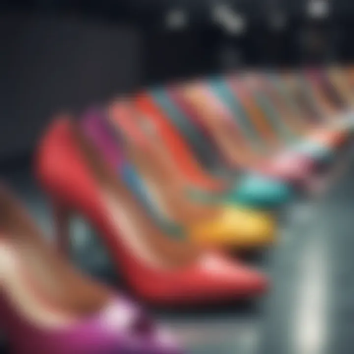 Colorful selection of affordable pumps displayed in a boutique