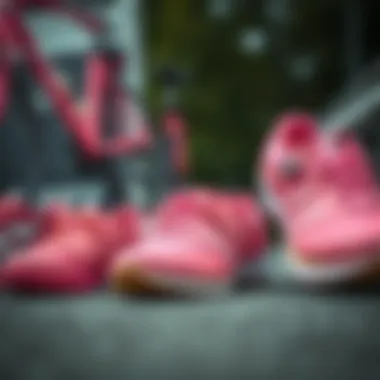 Stylish display of various pink cycling shoes.