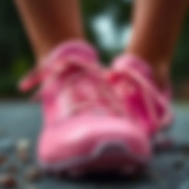 Close-up of the materials used in pink cycling shoes.