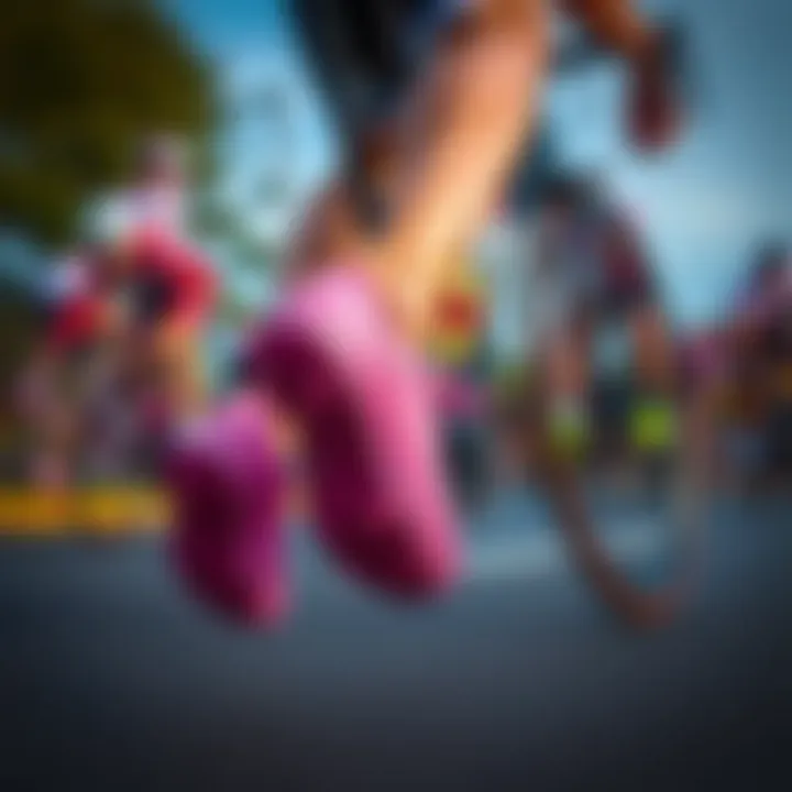 A cyclist wearing pink cycling shoes during a race.