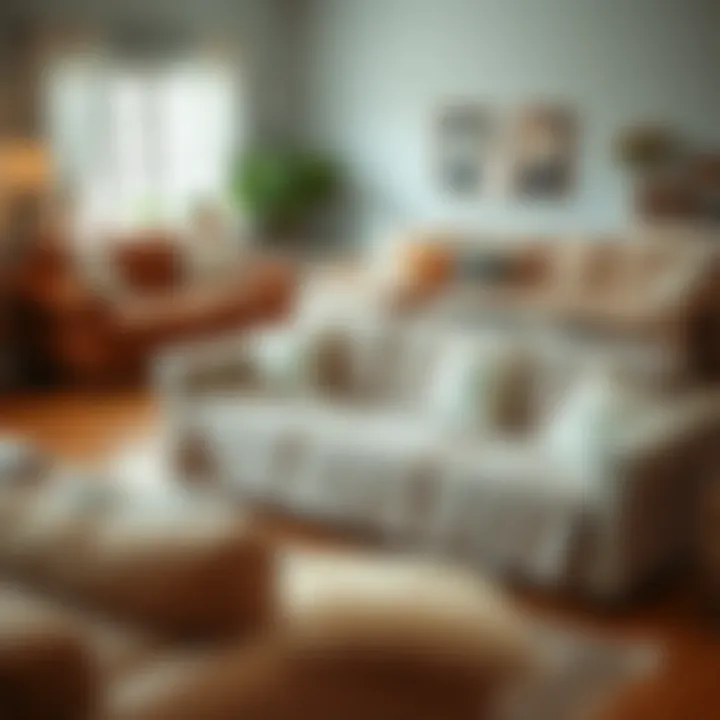 Various styles of plush sofa covers displayed on different couches