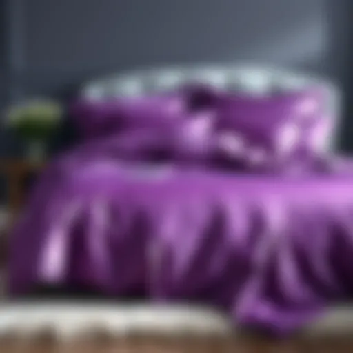 Luxurious purple satin comforter set on a plush bed